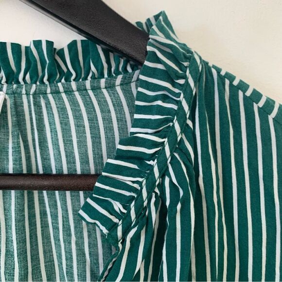 GAP Green White Vertical Striped Ruffle VNeckline Long Sleeve Blouse - Picture 6 of 6
